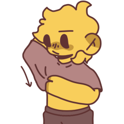 A yellow person putting on a light brown shirt